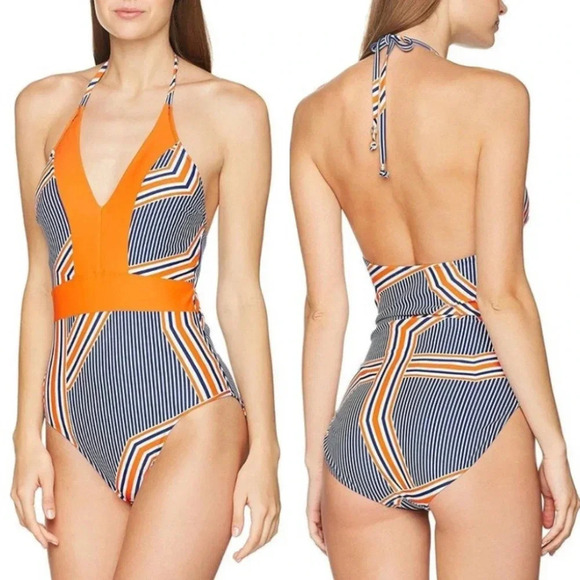Cabana Life Orange Drive One-Piece Swimsuit Blue Orange Striped – NWT Size M - Picture 1 of 15
